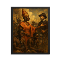 Queen Nzinga negotiating beside chained captives framed print on a plain backdrop in size 16"x20".