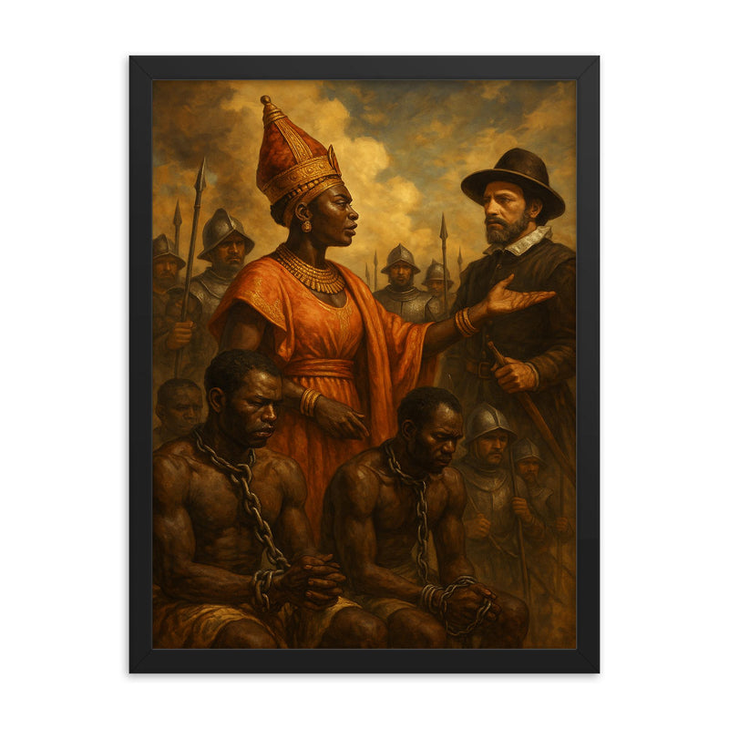 Queen Nzinga negotiating beside chained captives framed print on a plain backdrop in size 18