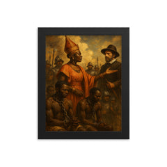 Queen Nzinga negotiating beside chained captives framed print on a plain backdrop in size 8"x10".