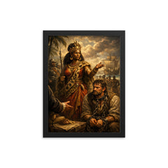 Queen Nzinga negotiating beside chained slave trader framed print on a plain backdrop in size 12"x16".