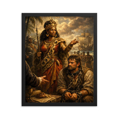 Queen Nzinga negotiating beside chained slave trader framed print on a plain backdrop in size 16"x20".