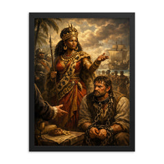 Queen Nzinga negotiating beside chained slave trader framed print on a plain backdrop in size 18"x24".