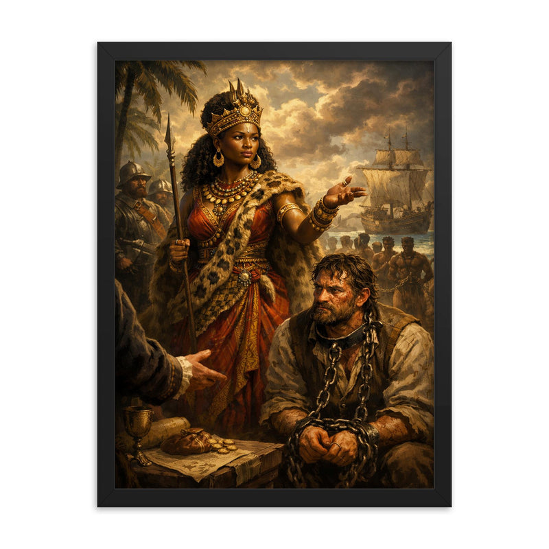 Queen Nzinga negotiating beside chained slave trader framed print on a plain backdrop in size 18