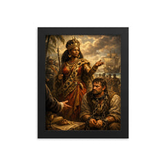 Queen Nzinga negotiating beside chained slave trader framed print on a plain backdrop in size 8"x10".