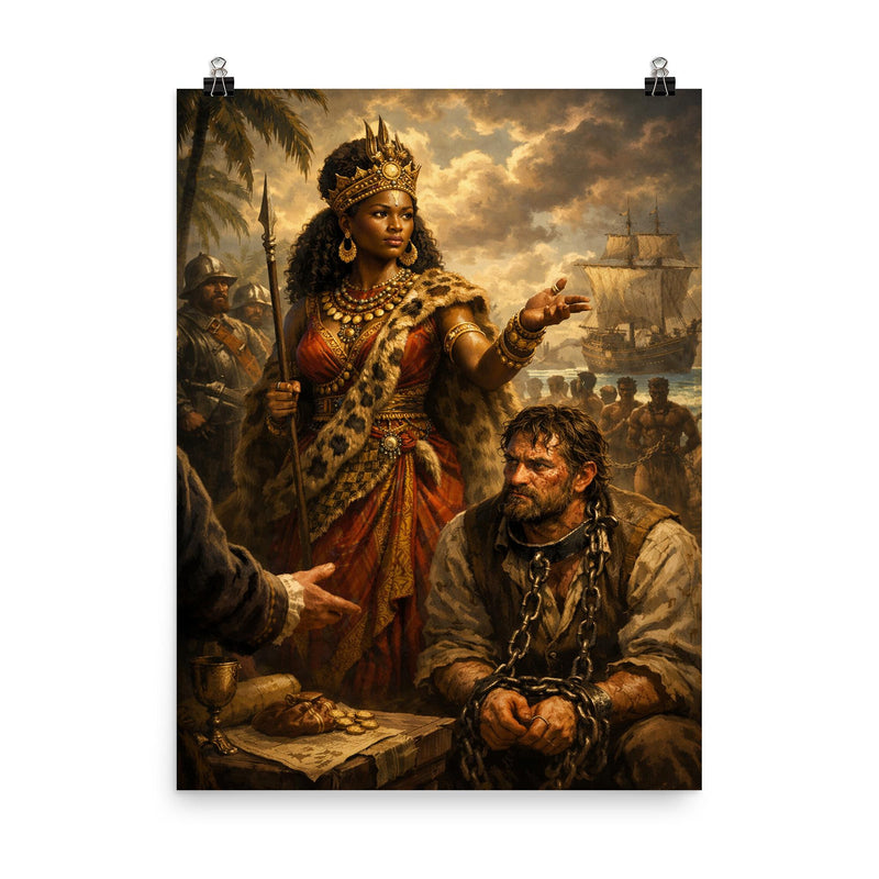 Queen Nzinga negotiating beside chained slave trader poster on a plain backdrop in size 8
