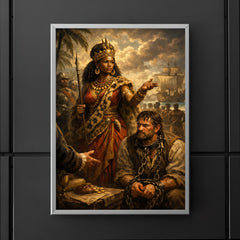 Queen Nzinga negotiating beside chained slave trader poster 5