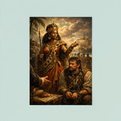 Queen Nzinga negotiating beside chained slave trader poster 8