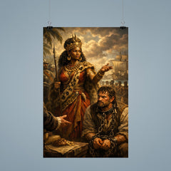 Queen Nzinga negotiating beside chained slave trader poster 9