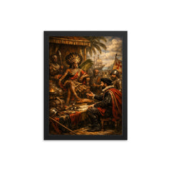 Queen Nzinga negotiating with Portuguese emissaries framed print on a plain backdrop in size 12"x16".