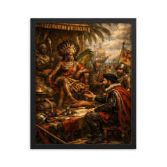 Queen Nzinga negotiating with Portuguese emissaries framed print on a plain backdrop in size 16"x20".