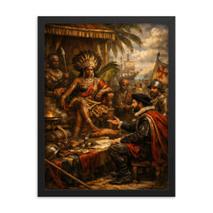 Queen Nzinga negotiating with Portuguese emissaries framed print on a plain backdrop in size 18"x24".