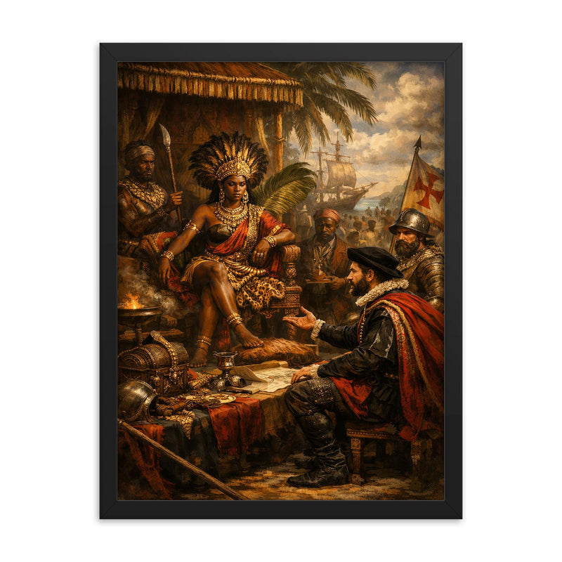 Queen Nzinga negotiating with Portuguese emissaries framed print on a plain backdrop in size 18