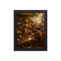 Queen Nzinga negotiating with Portuguese emissaries framed print on a plain backdrop in size 8"x10".