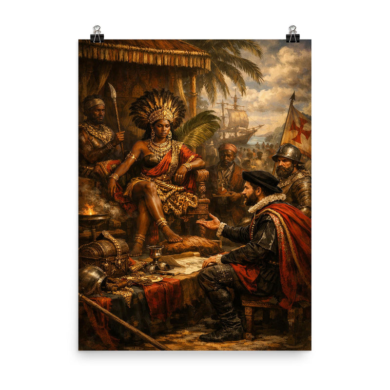 Queen Nzinga negotiating with Portuguese emissaries poster on a plain backdrop in size 8