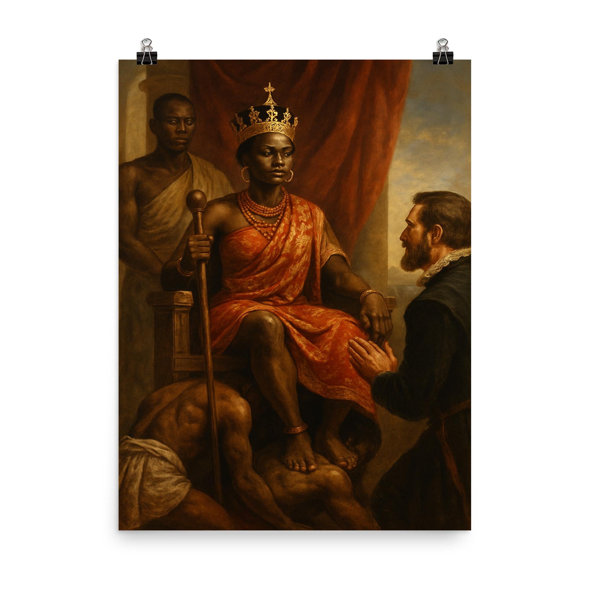 Queen Nzinga Seated on Human Throne Envoy Scene Poster Print | Histori ...