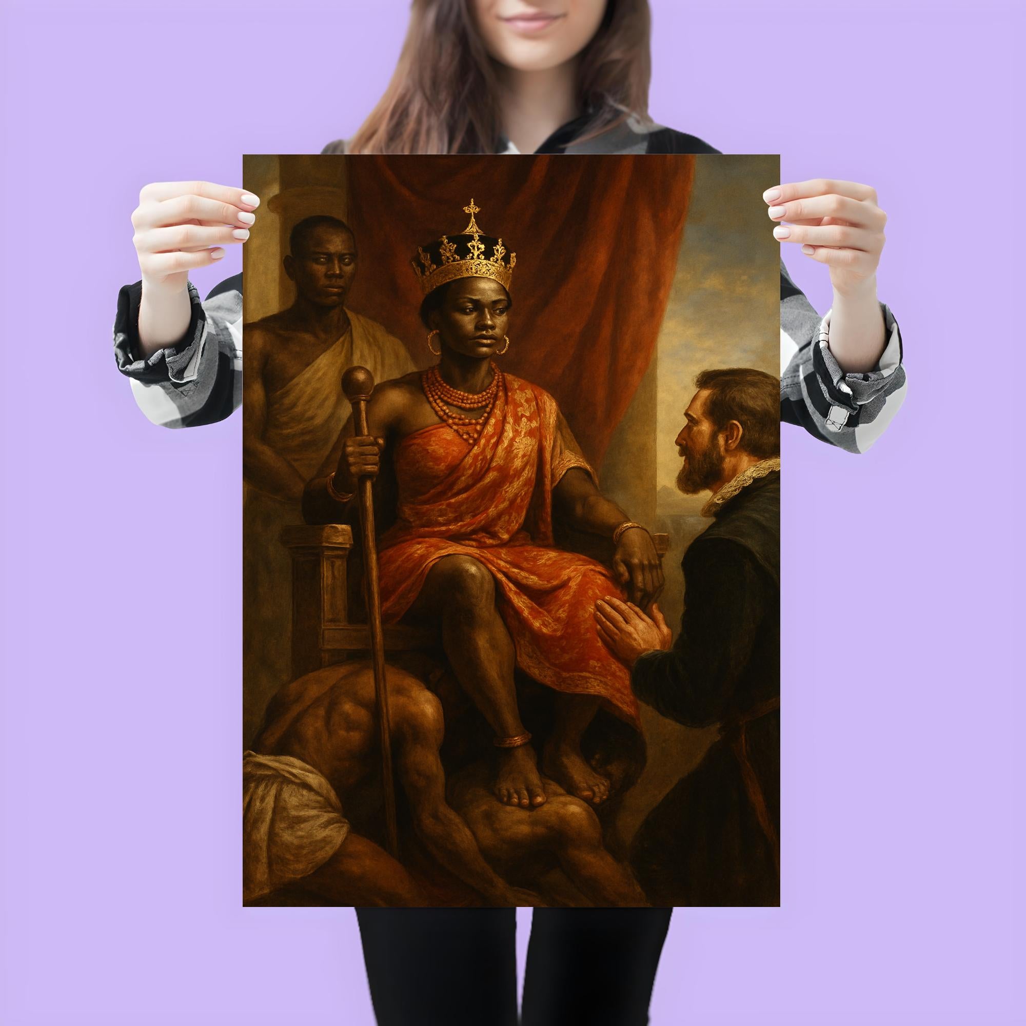 Queen Nzinga Seated on Human Throne Envoy Scene Poster Print | Histori ...