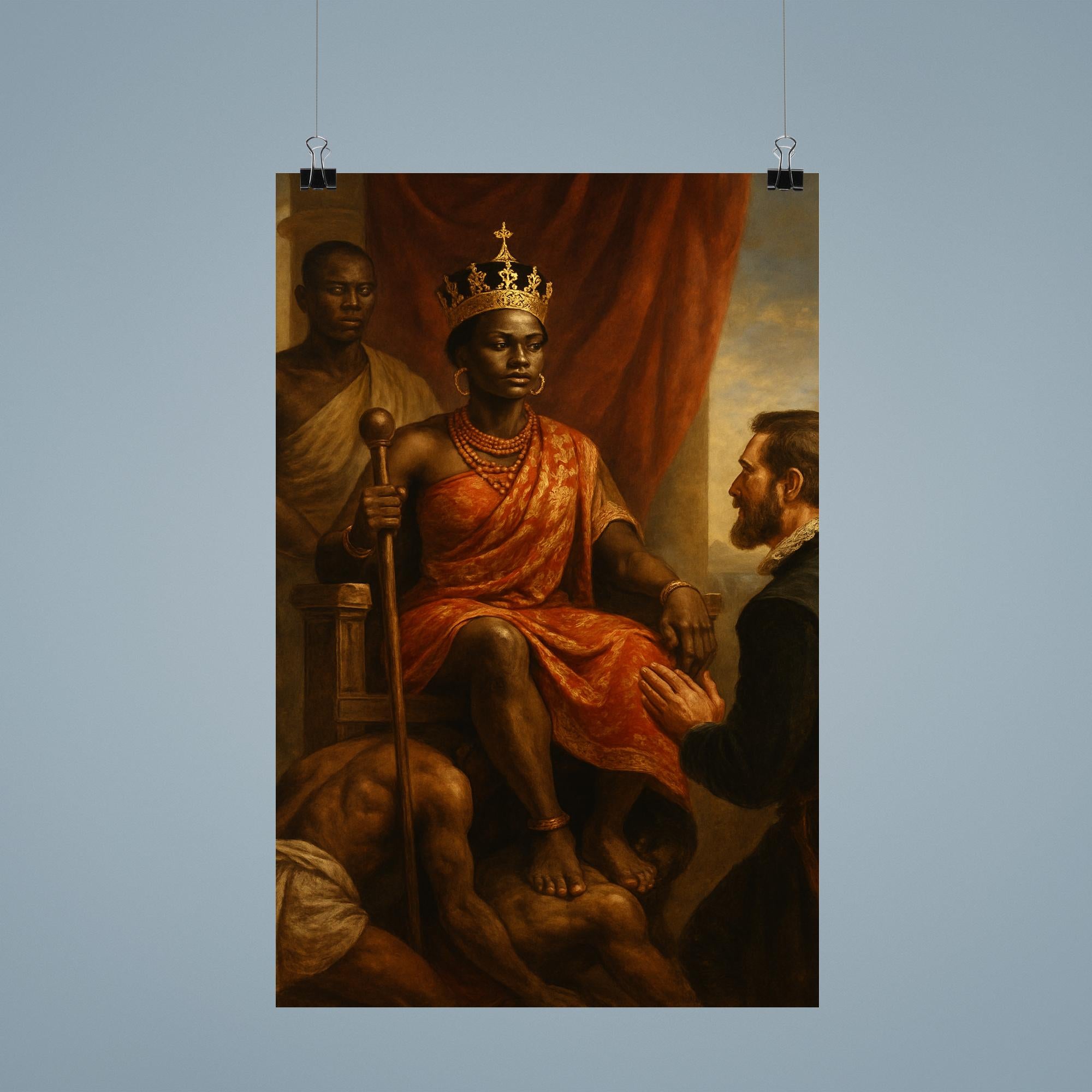 Queen Nzinga Seated on Human Throne Envoy Scene Poster Print | Histori ...