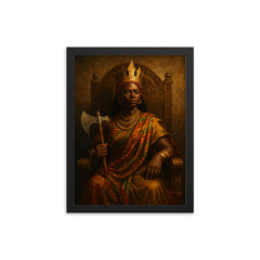 Queen Nzinga with diplomatic axe and throne framed print on a plain backdrop in size 12"x16".