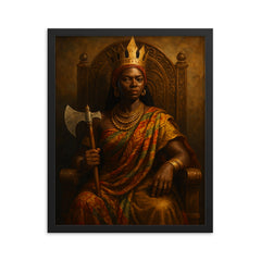 Queen Nzinga with diplomatic axe and throne framed print on a plain backdrop in size 16"x20".