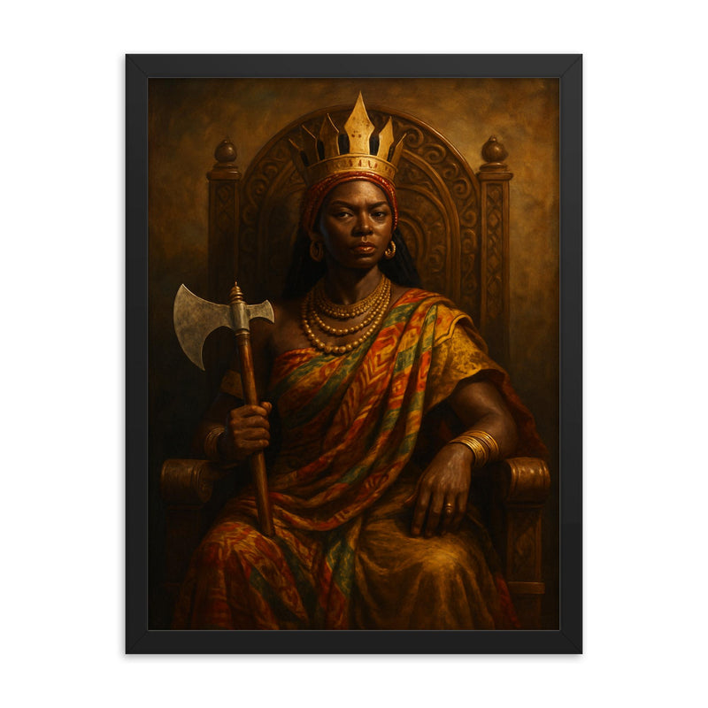 Queen Nzinga with diplomatic axe and throne framed print on a plain backdrop in size 18
