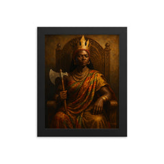 Queen Nzinga with diplomatic axe and throne framed print on a plain backdrop in size 8"x10".