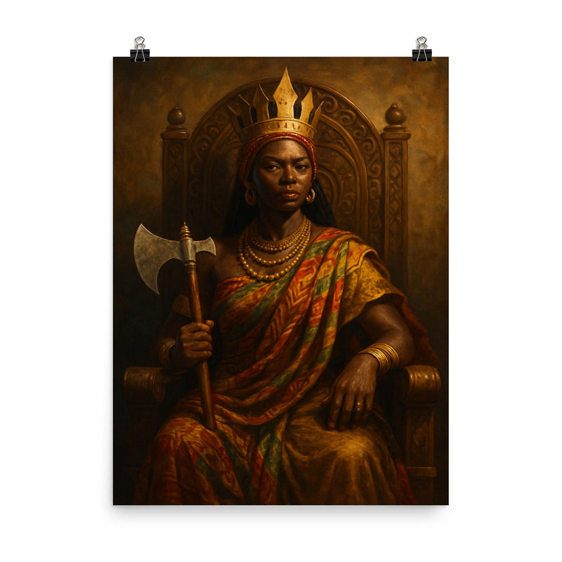 Queen Nzinga with diplomatic axe and throne poster on a plain backdrop in size 8