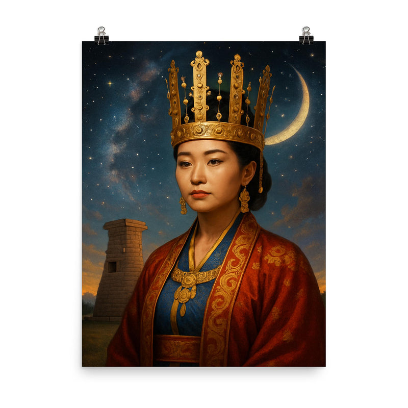 Queen Seondeok celestial observatory portrait poster on a plain backdrop in size 8