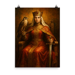 Queen Tamar of Georgia enthroned with falcon and sword poster on a plain backdrop in size 8"x10".