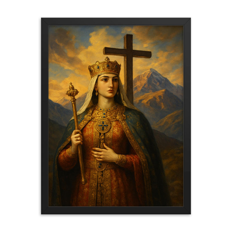 Queen Tamar of Georgia under mountain cross framed print on a plain backdrop in size 18