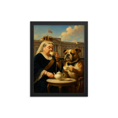 Queen Victoria sipping tea with a dignified bulldog at Buckingham Palace framed print on a plain backdrop in size 12"x16".