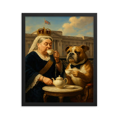Queen Victoria sipping tea with a dignified bulldog at Buckingham Palace framed print on a plain backdrop in size 16"x20".