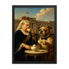 Queen Victoria sipping tea with a dignified bulldog at Buckingham Palace framed print on a plain backdrop in size 18"x24".