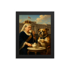 Queen Victoria sipping tea with a dignified bulldog at Buckingham Palace framed print on a plain backdrop in size 8"x10".
