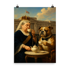 Queen Victoria sipping tea with a dignified bulldog at Buckingham Palace poster on a plain backdrop in size 8"x10".