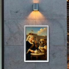 Queen Victoria sipping tea with a dignified bulldog at Buckingham Palace poster 2
