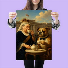 Queen Victoria sipping tea with a dignified bulldog at Buckingham Palace poster 3