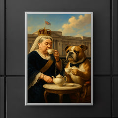 Queen Victoria sipping tea with a dignified bulldog at Buckingham Palace poster 5