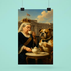 Queen Victoria sipping tea with a dignified bulldog at Buckingham Palace poster 6