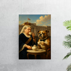 Queen Victoria sipping tea with a dignified bulldog at Buckingham Palace poster 7