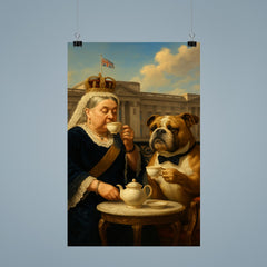 Queen Victoria sipping tea with a dignified bulldog at Buckingham Palace poster 9