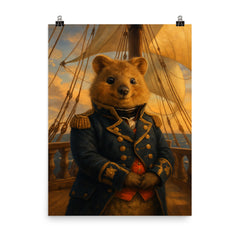 Quokka admiral in naval coat on quarterdeck poster on a plain backdrop in size 8"x10".