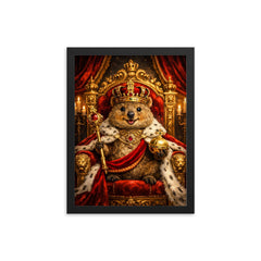 Quokka king on a velvet throne framed print on a plain backdrop in size 12"x16".