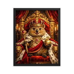 Quokka king on a velvet throne framed print on a plain backdrop in size 16"x20".