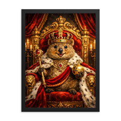 Quokka king on a velvet throne framed print on a plain backdrop in size 18"x24".