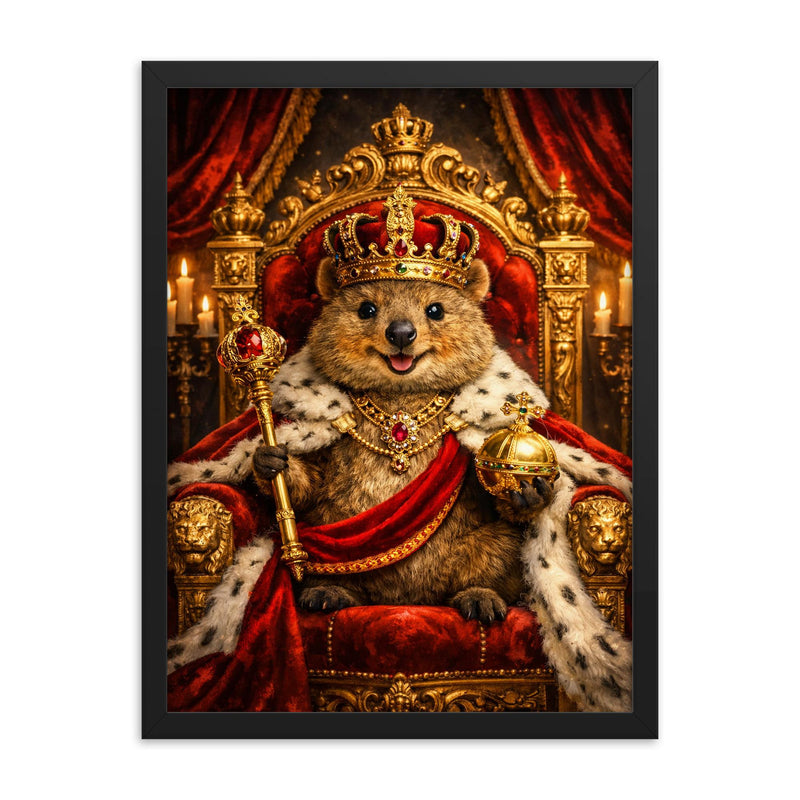 Quokka king on a velvet throne framed print on a plain backdrop in size 18