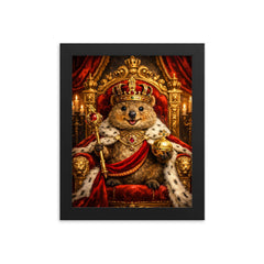Quokka king on a velvet throne framed print on a plain backdrop in size 8"x10".