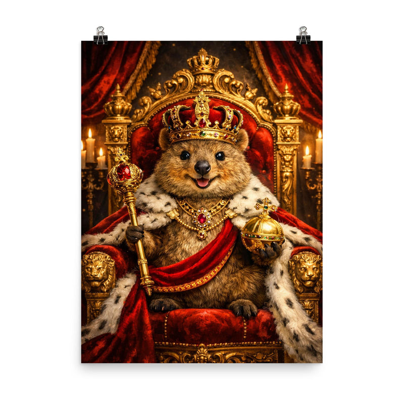 Quokka king on a velvet throne poster on a plain backdrop in size 8