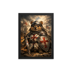 Quokka knight in battered crusader surcoat framed print on a plain backdrop in size 12"x16".