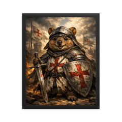 Quokka knight in battered crusader surcoat framed print on a plain backdrop in size 16"x20".