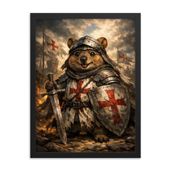 Quokka knight in battered crusader surcoat framed print on a plain backdrop in size 18"x24".